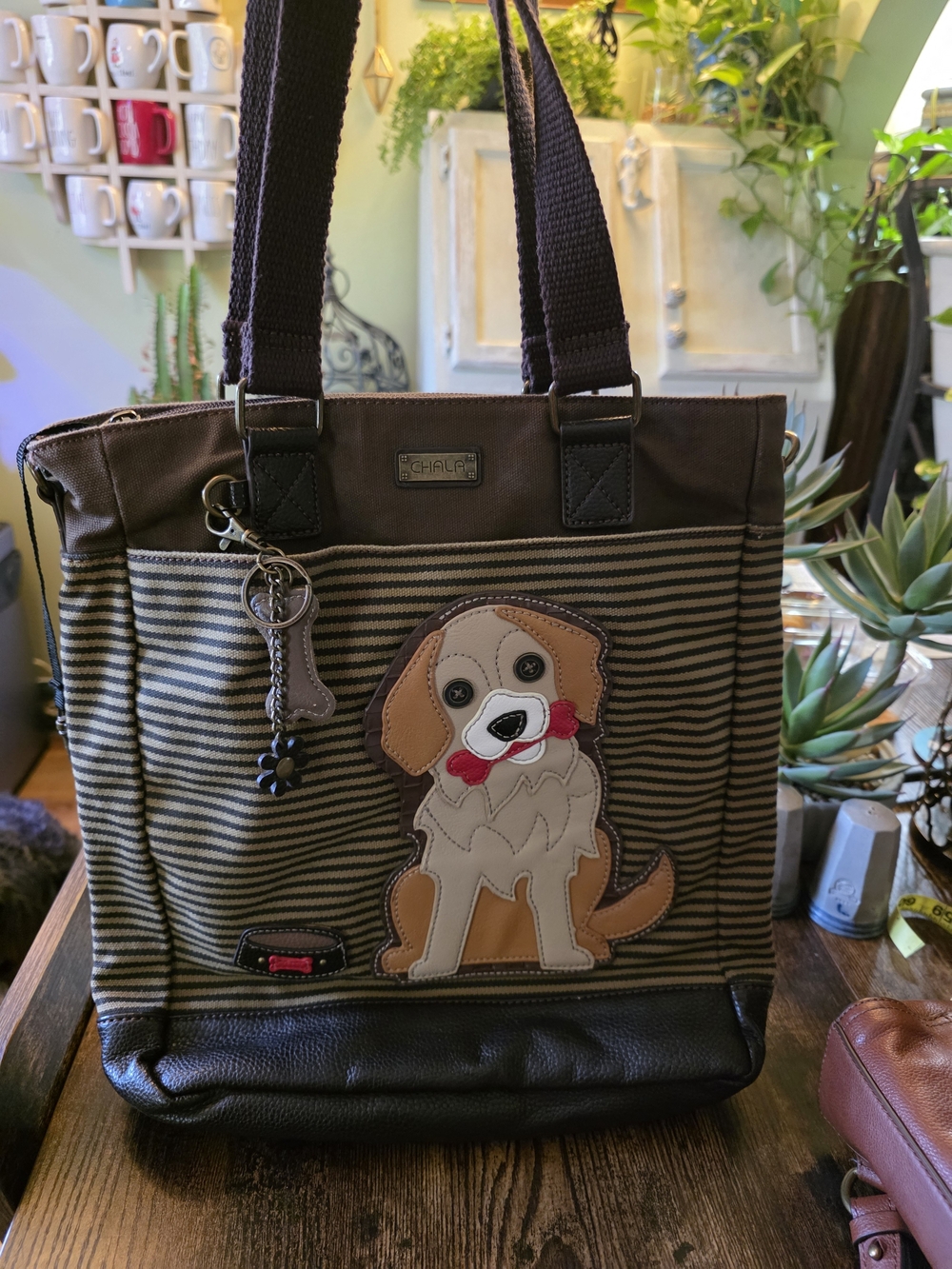 Chala Brown Striped Dog Appliqué Tote Bag – Brown